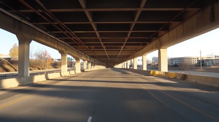 An under-construction highway with visible rebar, concrete support beams, and safety barriers.