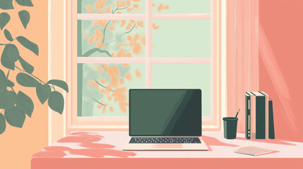 laptop on the table in spring 