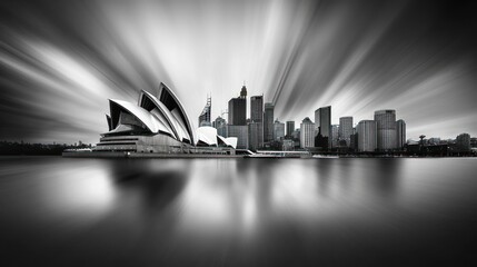 Monochrome cityscape with blurred motion effect, featuring iconic opera house and skyline reflected in calm water.