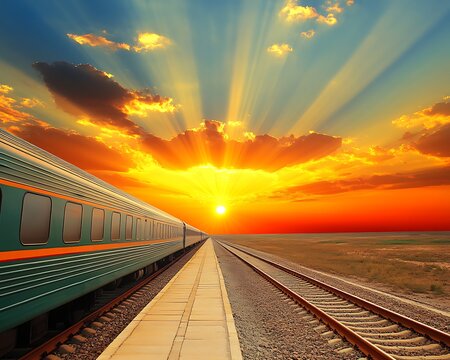 A long train rides towards the bright beautiful sunset in nature