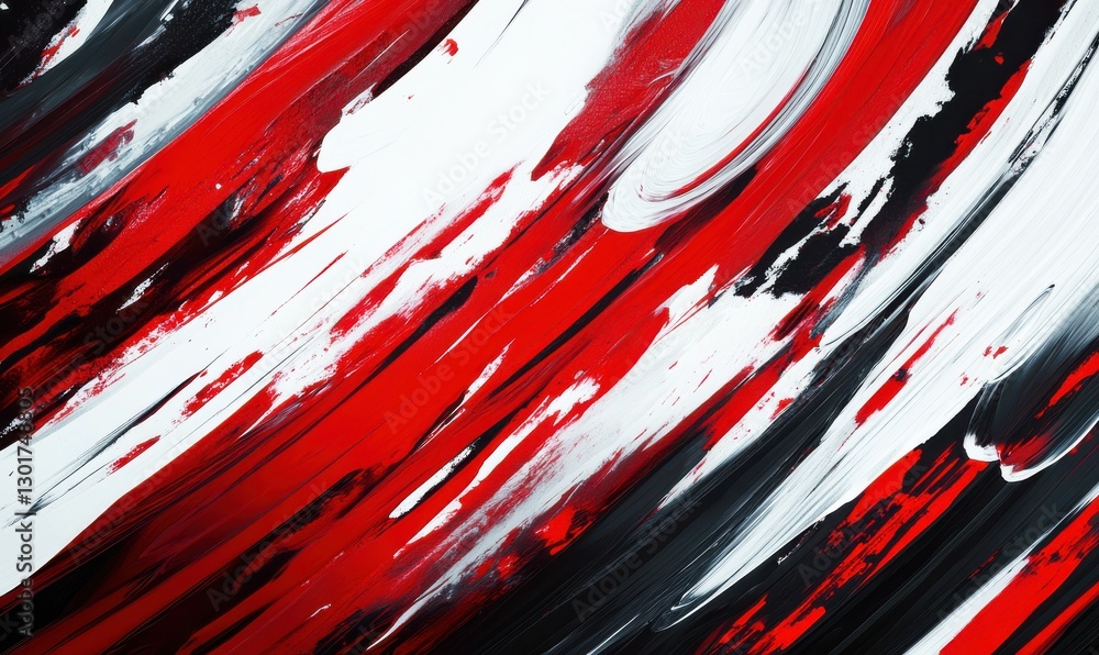 Poster bold diagonal streaks of red and white paint layered dynamically on a black surface, creating a mode