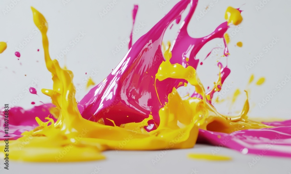 Aufkleber bold splashes of vibrant magenta and yellow paint scattered dynamically on a clean white surface, cr