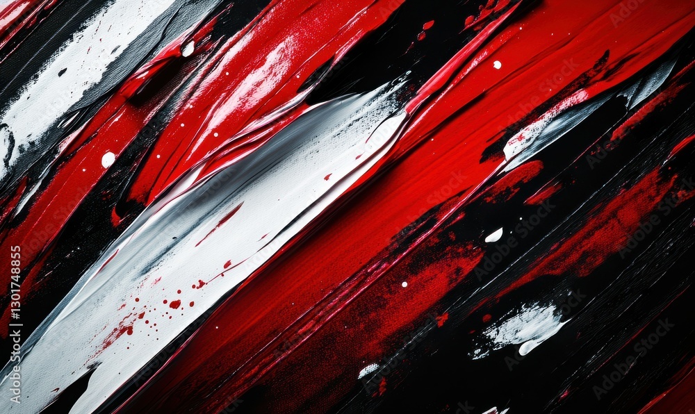Poster bold streaks of vibrant red and white paint layered dynamically on a black textured surface, creatin