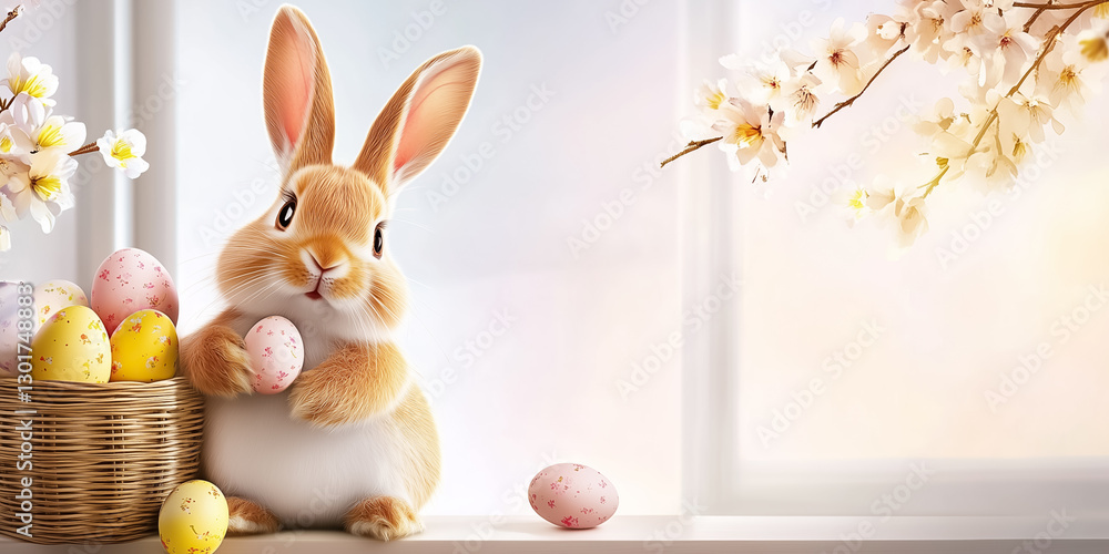Poster a delightful bunny joyfully clasps a pastel egg, surrounded by an array of vibrant eggs nestled in a