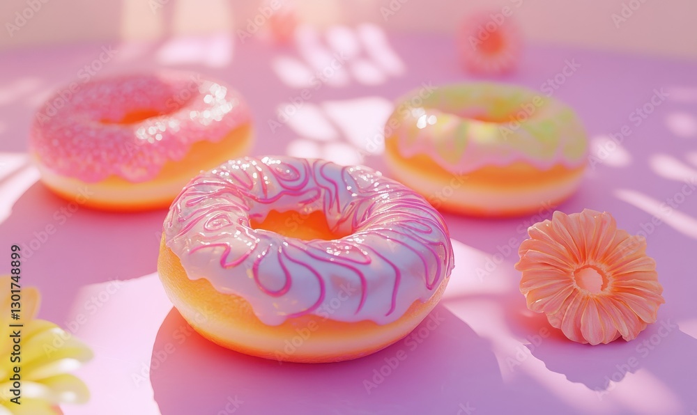 Poster bright and colorful donuts with intricate frosting designs placed on a pastel surface illuminated by