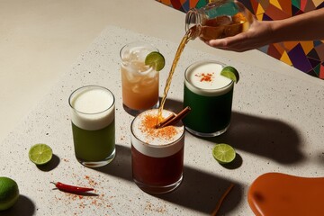 Colorful mixed drinks with lime and cinnamon on speckled surface