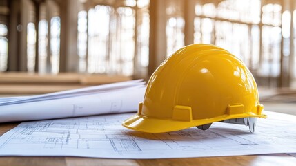 A bright yellow hard hat placed on a wooden table with construction blueprints in the background.