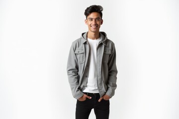 Fototapeta premium Half-Length (Waist-Up) portrait of young stylish smiling Chilean male model in emo wear isolated on pure white background looking at camera