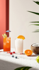 Refreshing tropical drinks with ice garnished with fruits in sunlit setting