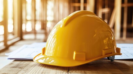 A bright yellow hard hat placed on a wooden table with construction blueprints in the background.
