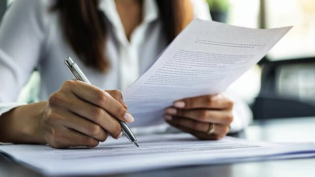 Businesswoman attentively reviewing and signing formal paperwork in office environment
