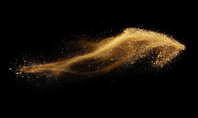 Luxurious abstract golden glitter particles swirling dynamically against a sleek black background illuminated by warm ambient light creating a bold design