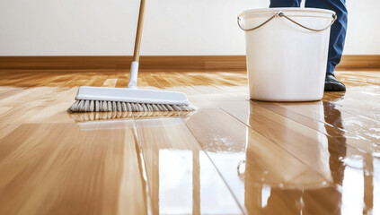 Shiny Hardwood Floor Cleaning. A person uses a mop and bucket to clean a shiny wooden floor, showing their dedication to making their home or business look spotless.