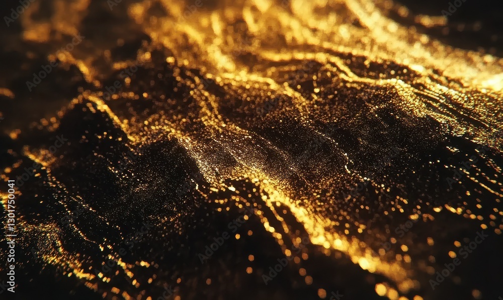 Poster macro shot of glittering golden particles cascading against a dark background illuminated by soft am