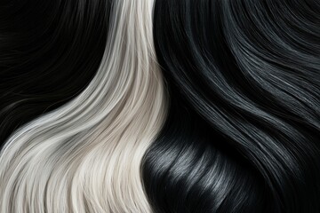 Close-up of smooth black and white hair strands flowing together.