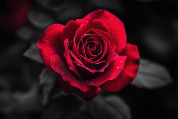 A close-up of a vibrant red rose with dew drops on its petals against a dark background.