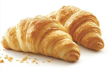 Two golden croissants on a white background, showcasing flaky layers and a delicious texture.