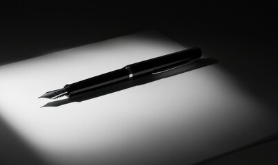 Minimalist black fountain pen resting on crisp white paper, illuminated softly to highlight its sleek design and professional appeal