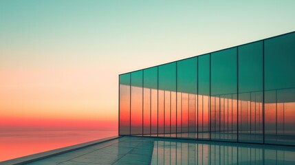 Modern glass building at sunset reflecting colors.