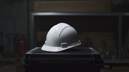 A clean white hard hat placed on a black metal toolbox in a dimly lit workshop.
