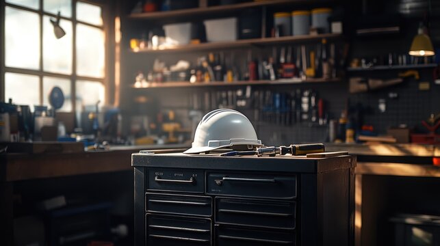A clean white hard hat placed on a black metal toolbox in a dimly lit workshop.