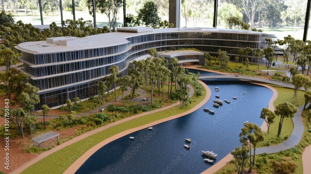 Poster a close-up of an architectural scale model of an office complex with surrounding landscaping details