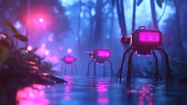 Robots in misty forest, glowing screens, night. Sci-fi use