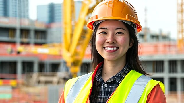 Asian female engineer conducting a safety inspection at an outdoor construction site.