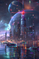 Futuristic Metropolis under Celestial Bodies: A Glimpse of Advanced Civilization