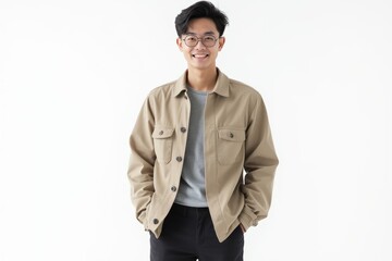 Half-Length (Waist-Up) portrait of young stylish smiling Chinese male model in vintage wear isolated on pure white background looking at camera