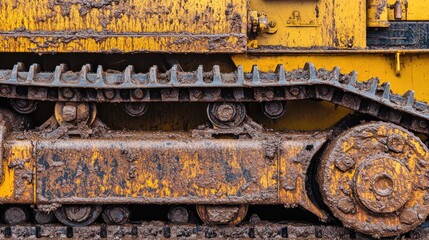 A close-up of a yellow bulldozer's metal tracks and heavy-duty blade covered in dust and mud.