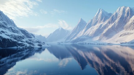 Snowy mountain range reflects in calm lake; serene winter landscape; travel brochure