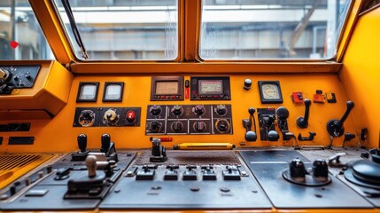 A close-up of the control panel and levers inside a construction vehicle's cockpit.