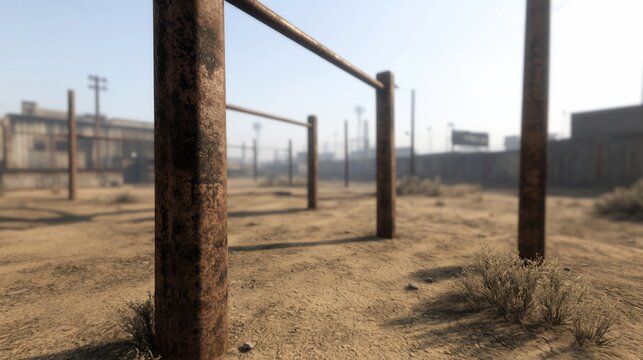 Rusty parallel bars in desert wasteland. Post-apocalyptic setting.  Survival theme