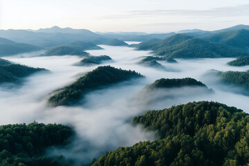 A high-resolution aerial view of rolling hills covered in early morning fog