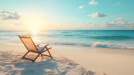 Beach Chair at Sunset on Calm Shore with Gentle Waves