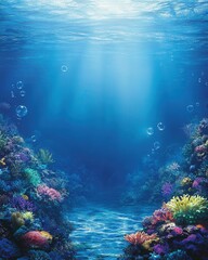 Fototapeta premium Underwater coral reef scene, sunlight beams, ocean floor background