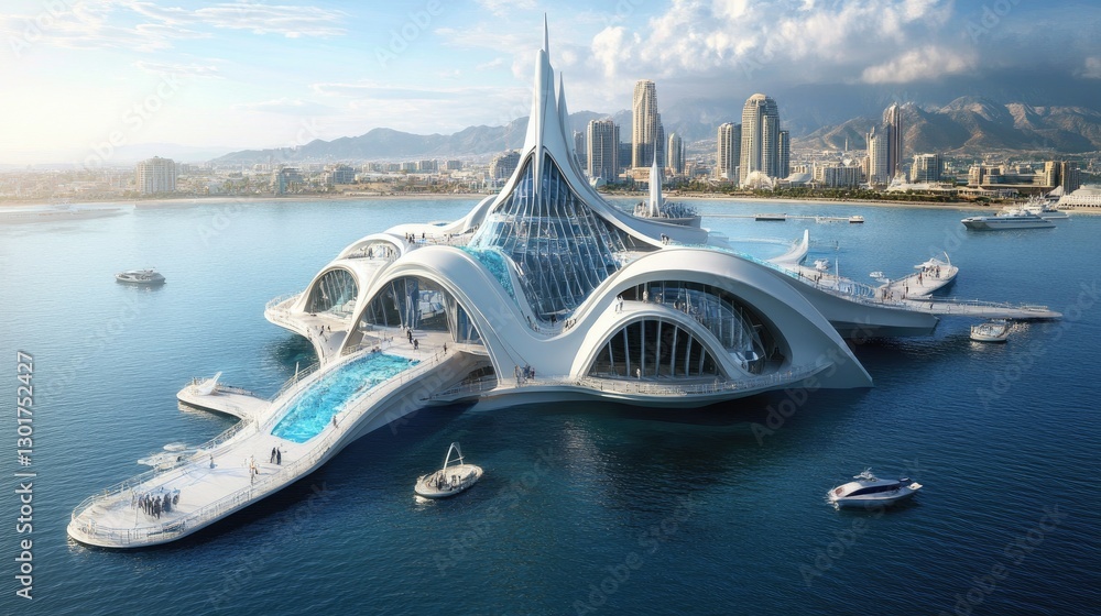 Poster a concept blueprint of a self-sufficient floating city with energy-efficient designs.