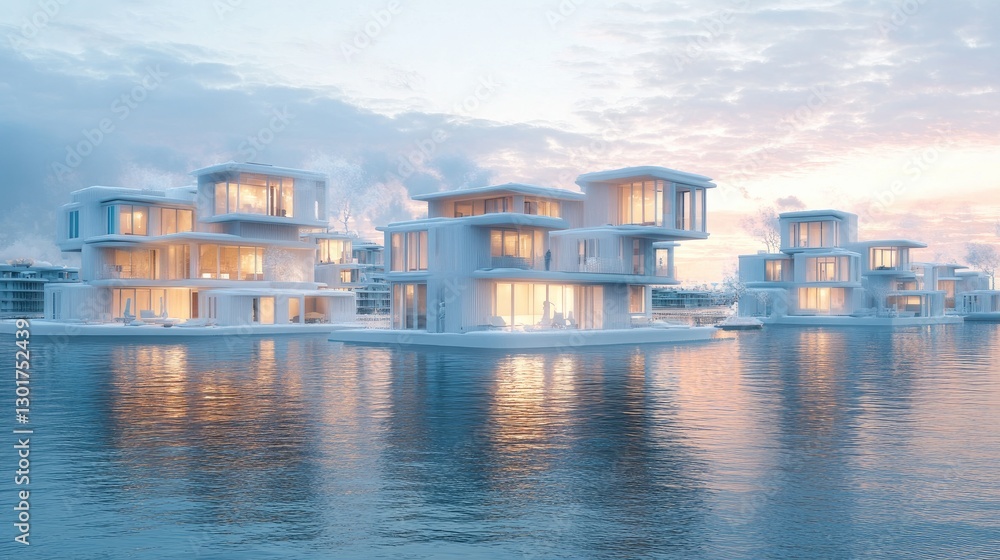 Poster a concept blueprint of a self-sufficient floating city with energy-efficient designs.