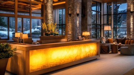 A concierge desk in a ski resort, designed with rustic wood elements and warm, inviting lighting.