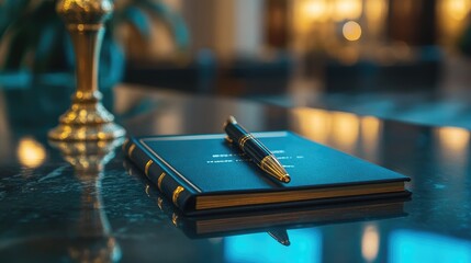 A concierge desk setup with a leather-bound service book, luxury pen, and a brass nameplate under soft lighting.