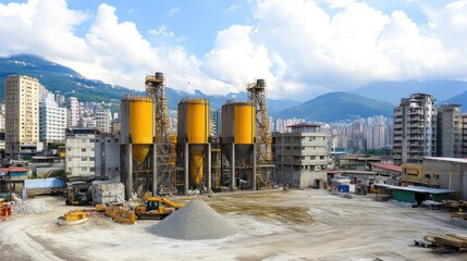 Obraz premium A concrete batching plant with silos and conveyor belts actively mixing and transporting cement.