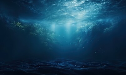 Fototapeta premium Underwater ocean view, sun rays and clouds. Background with light. Possible background use