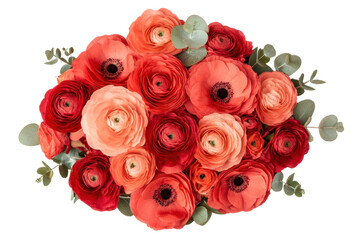 Bright ranunculus bouquet with eucalyptus accents, cut out