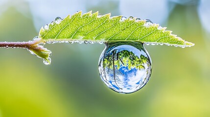 Nature reflection leaf with water droplet macro photography outdoor close-up water