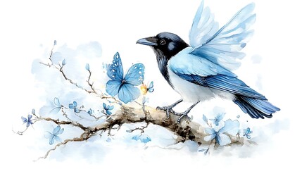 Majestic bird and butterflies in nature watercolor artwork tranquil scene