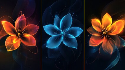 Fototapeta premium Three glowing flowers in red, blue, and orange.