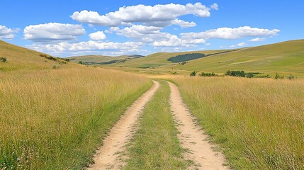 Obraz premium A Dirt Path Leads Through Rolling Hills And Tall Grass