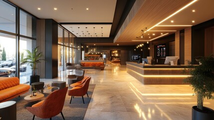 A contemporary hotel reception with automated check-out, interactive signage, and stylish decor.
