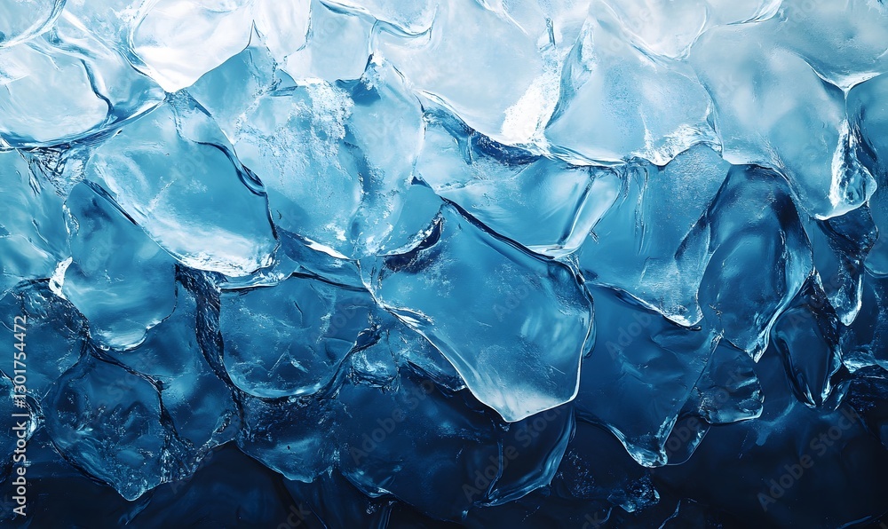Poster frozen landscape of ice blocks with varying shades of blue and translucence creating an abstract tex